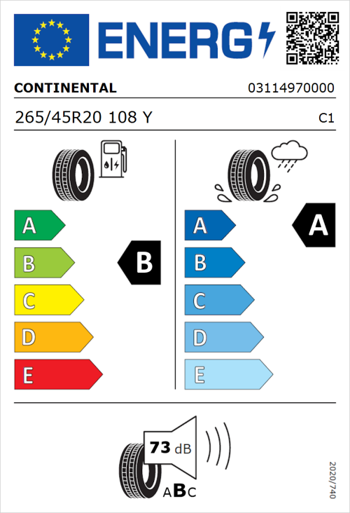 Tyre Label for Continental SportContact 6 ContiSilent 265/45R20 108Y