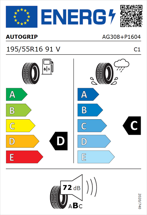 Tyre Label for Autogrip P308 Plus 195/55R16 91V