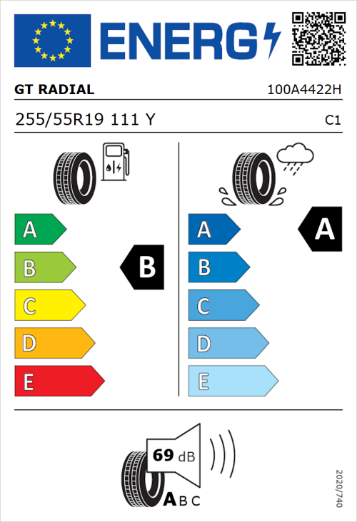 Tyre Label for GT Radial SportActive 2 255/55R19 111Y
