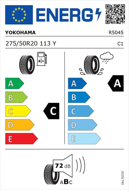 Tyre Label for Yokohama Advan Sport 275/50R20 113Y