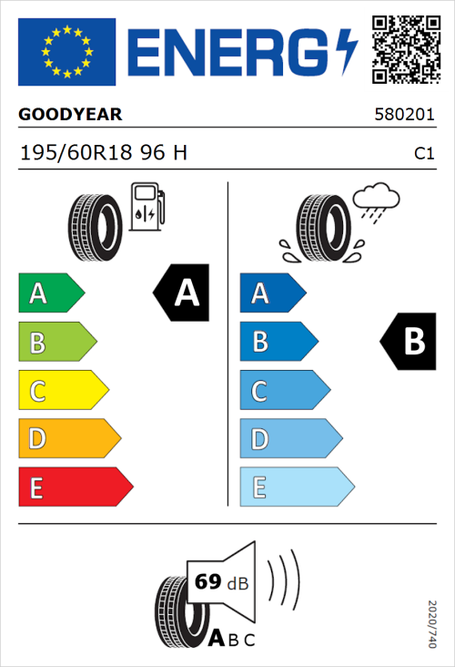 Tyre Label for Goodyear EfficientGrip Performance 2 195/60R18 96H