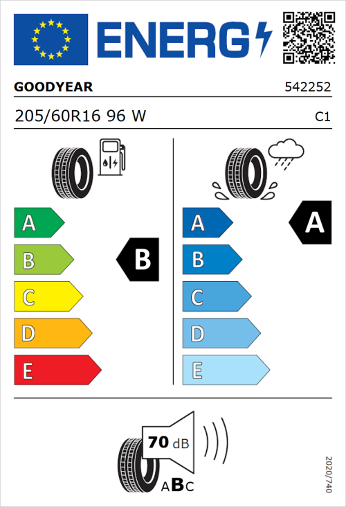 Tyre Label for Goodyear EfficientGrip Performance 2 205/60R16 96W