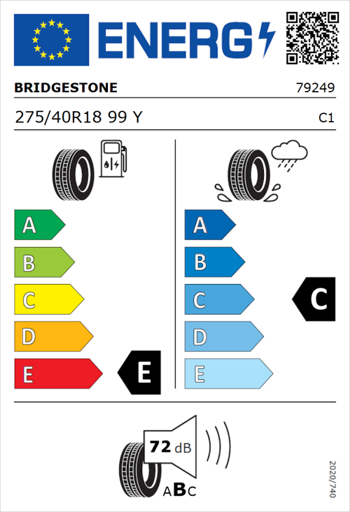 Tyre Label for Bridgestone Potenza RE050 275/40R18 99Y