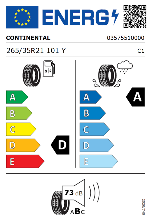 Tyre Label for Continental ContiSportContact 5 P 265/35R21 101Y