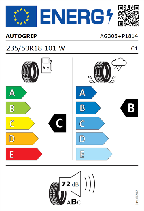 Tyre Label for Autogrip P308 Plus 235/50R18 101W